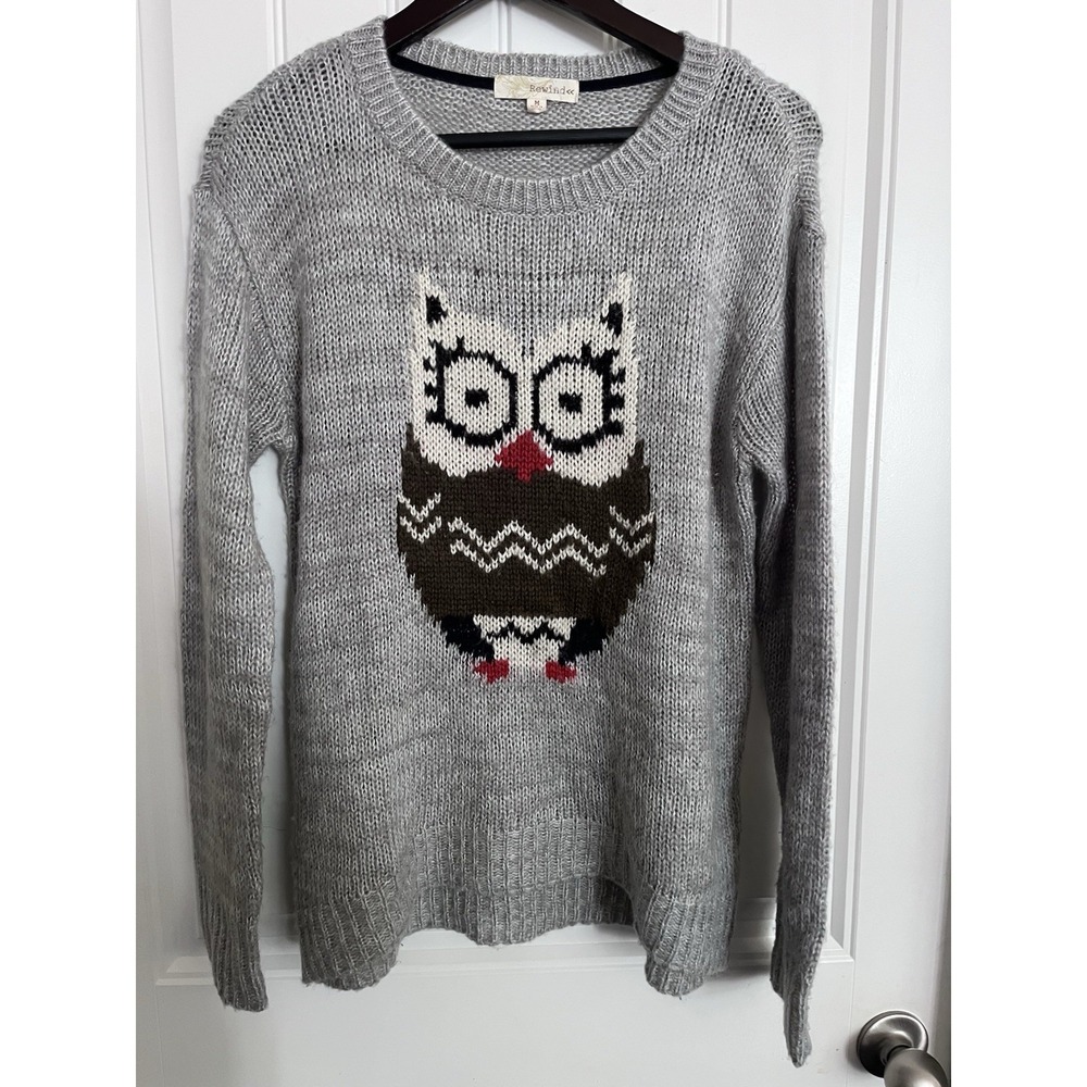 Rewind Womens Gray Owl Knitted in Sweater Soft Cozy Medium 451